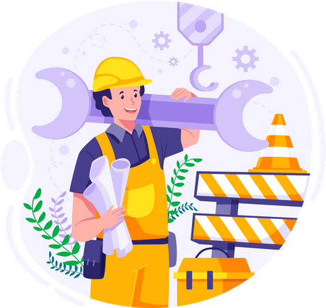 Happy construction worker is holding the Wrench  Illustration