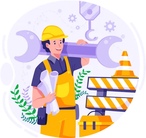 Happy construction worker is holding the Wrench  Illustration