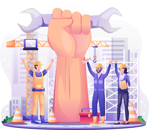 Happy construction workers raising hands  Illustration