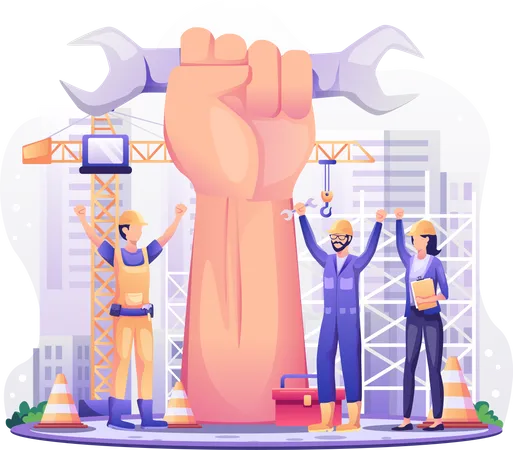 Happy construction workers raising hands  Illustration