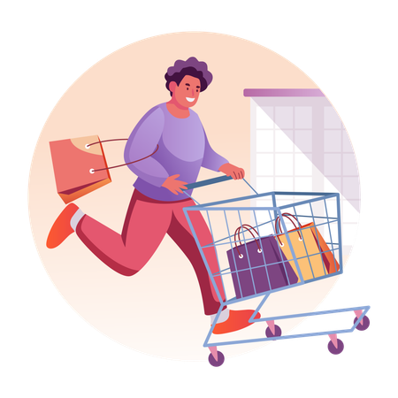 Happy consumer rolling a shopping trolley  Illustration