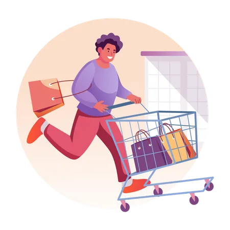 Happy consumer rolling a shopping trolley  Illustration