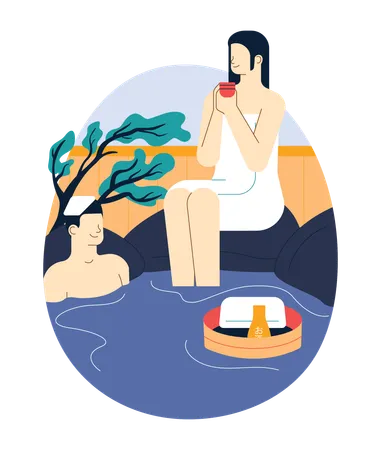 Happy couple bathing at onsen  Illustration