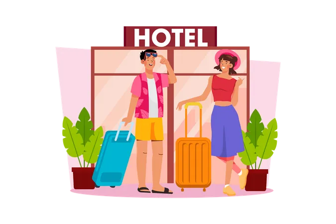 A Couple Booking A Hotel Room For Vacation Illustration