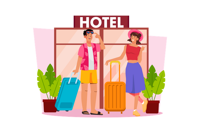 Happy couple booking  hotel room for vacation  Illustration