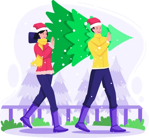 Happy Couple Carrying Together Christmas Tree Preparing To Celebration Christmas And The New Year Winter Holiday Vector Illustration In Flat Style Illustration