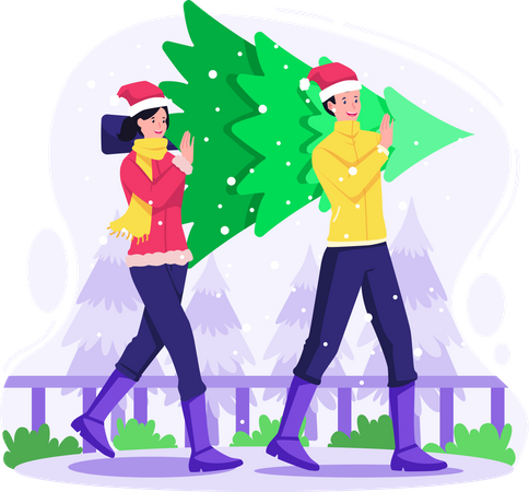 Happy couple carrying together Christmas tree preparing to celebration Christmas  Illustration