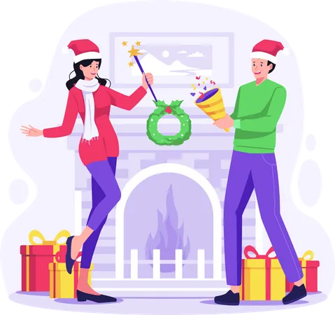 Happy Couple celebrate and enjoy Christmas Illustration
