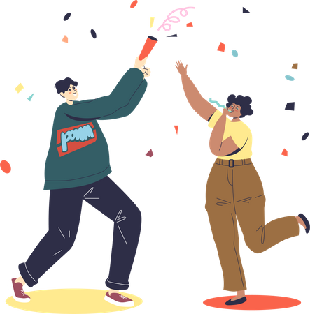 Happy couple celebrating holiday event with cracker and confetti Illustration