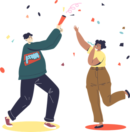 Happy couple celebrating holiday event with cracker and confetti  Illustration