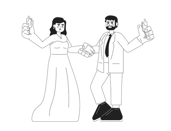 Happy Couple Celebrating Wedding Anniversary Monochromatic Flat Vector Characters Champagne Cheers Editable Thin Line Full Body People On White Simple Bw Cartoon Spot Image For Web Graphic Design Illustration