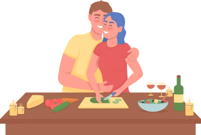 Happy couple cooking romantic dinner Illustration