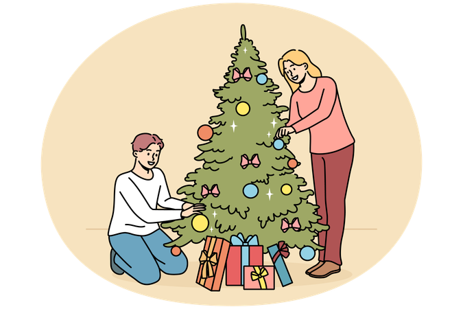 Happy couple decorate Christmas tree  Illustration