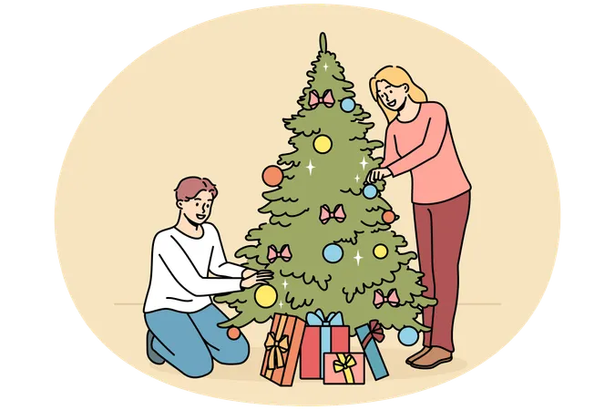 Happy couple decorate Christmas tree  Illustration