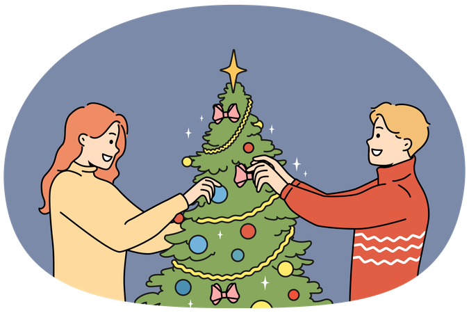 Happy couple decorate Christmas tree  Illustration