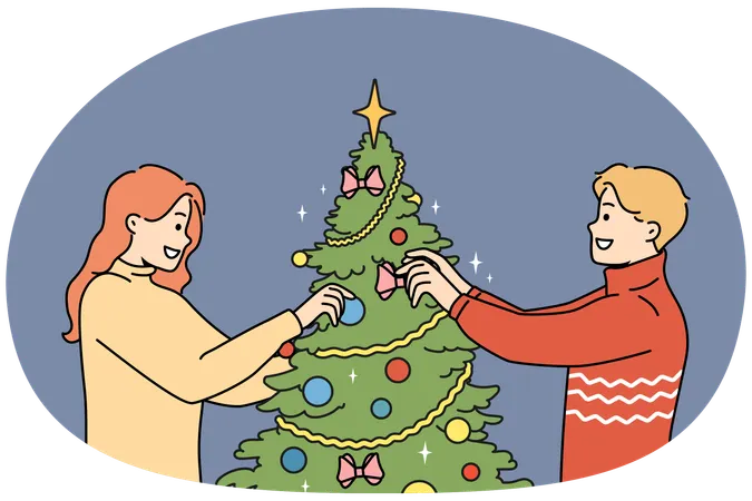 Happy couple decorate Christmas tree  Illustration