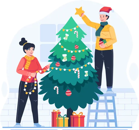 A Happy Couple Decorating A Christmas Tree Together People Preparing For Christmas And Happy New Year Holiday Winter Celebration Illustration
