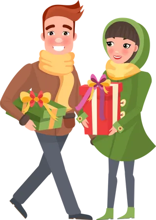 Christmas Winter Holidays Preparation Shopping Vector Couple Man And Woman Shoppers Holding Presents Boxes Bought On Sale Gift Exchanging Tradition Illustration