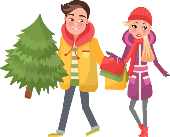 Christmas Winter Holiday Preparation Of Couple Vector Man And Woman Returning Home With Bought Pine Tree Male Carrying Fir And Female With Bags Illustration