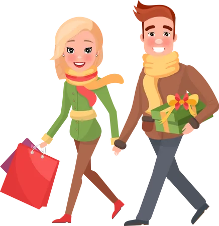 Attractive Female And Handsome Male With Presents And Bags Christmas Holidays Celebration Cartoon People Man And Woman Do Shopping Together Vector Illustration