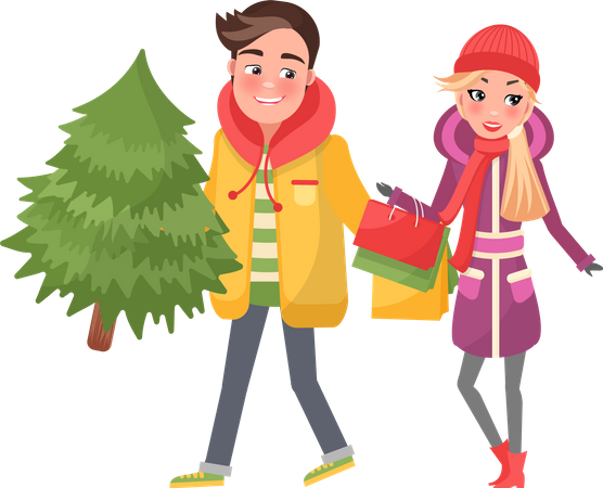 Happy couple doing Christmas shopping  Illustration