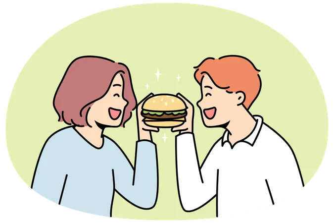 Happy couple eating burger together  Illustration