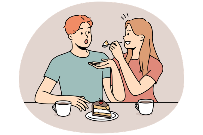 Happy couple eating cake together  Illustration
