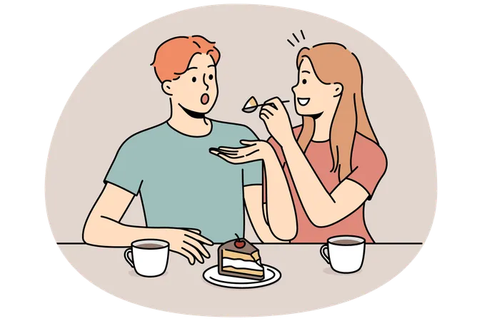 Happy couple eating cake together  Illustration