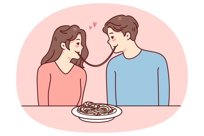 Happy couple eating pasta on date  Illustration