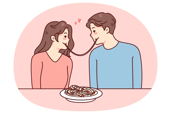 Happy couple eating pasta on date  Illustration
