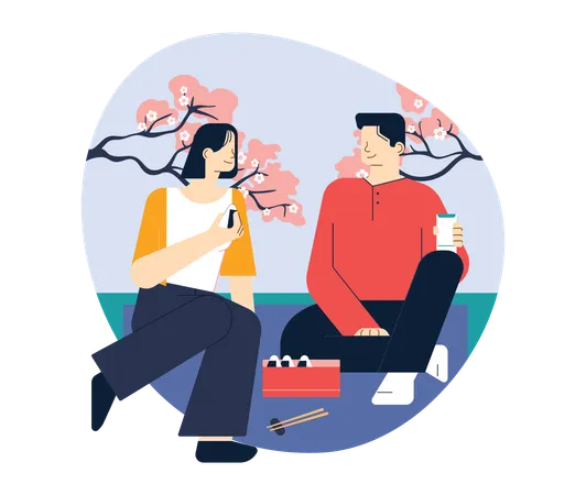 Happy Asian Couple Enjoying Hanami Characters Enjoying Spending Time Together Outside Under Blooming Sakura Trees Family Picnic Flat Vector Illustration Illustration