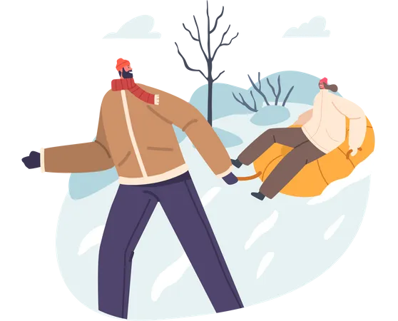 Happy Couple Enjoying Sleds Riding in Winter Park with Snow Hills  Illustration