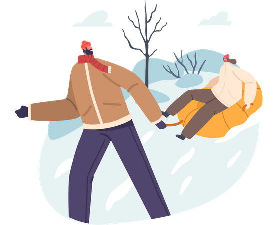 Happy Couple Enjoying Sleds Riding in Winter Park with Snow Hills  Illustration