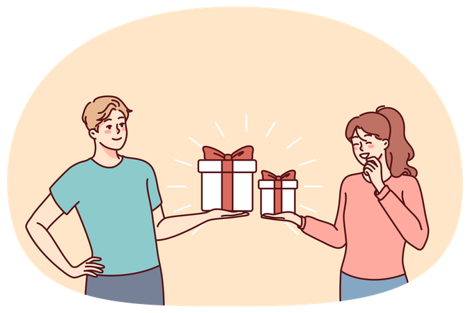Happy couple exchange presents  Illustration