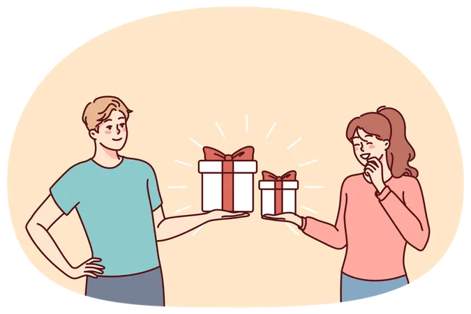 Happy couple exchange presents  Illustration