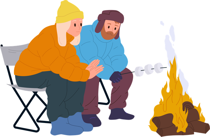 Happy couple frying marshmallow on camp fire enjoying winter picnic  Illustration