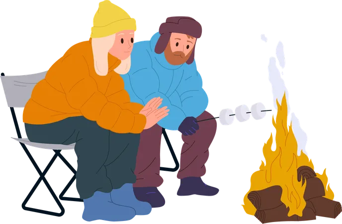 Happy Family Couple Cartoon Characters Frying Marshmallow On Stick At Camp Fire Enjoying Winter Picnic Outdoors Vector Illustration Cheerful Young Loving Man And Woman Resting On Nature Together Illustration