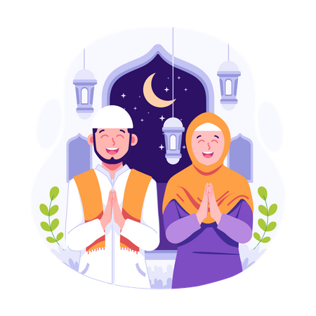 Happy Couple greeting eid ramadan al-fitr  Illustration