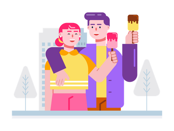 Happy couple having date and eating ice cream  Illustration