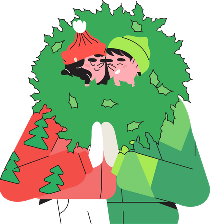 Happy couple hold christmas wreath  Illustration
