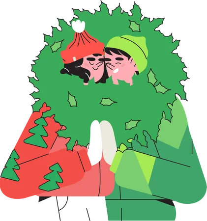 Happy couple hold christmas wreath  Illustration