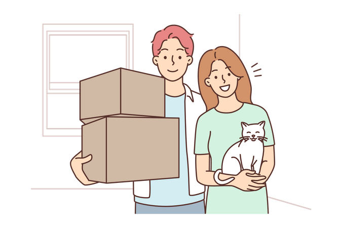 고양이와 상자를 들고 있는 행복한 커플  일러스트레이션
