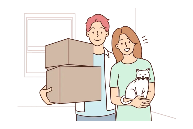 Happy couple holding cat and box  Illustration