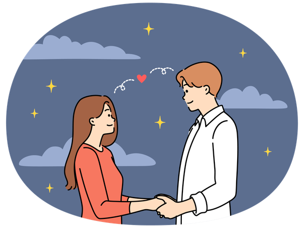 Happy couple holding hands under starry sky  Illustration