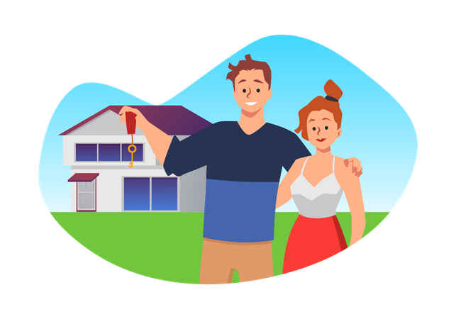 Happy couple holding keys to new house  Illustration