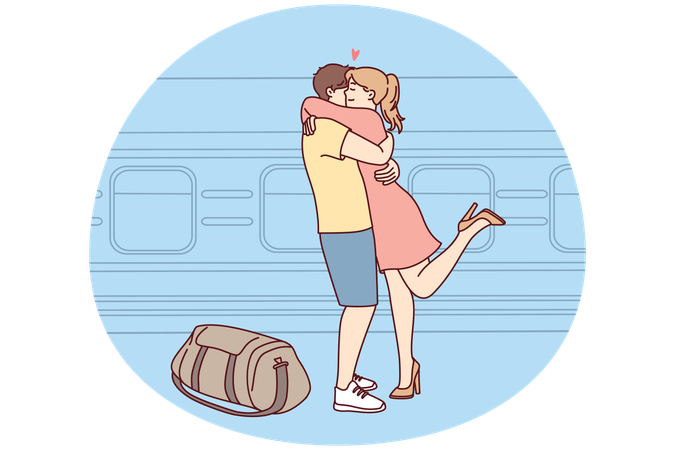 駅で出会った幸せなカップルのハグ  イラスト