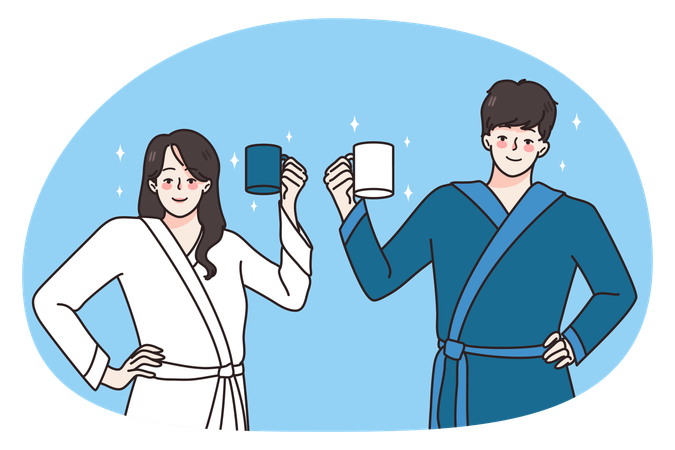 Happy couple in bathrobes with mugs in morning  Illustration