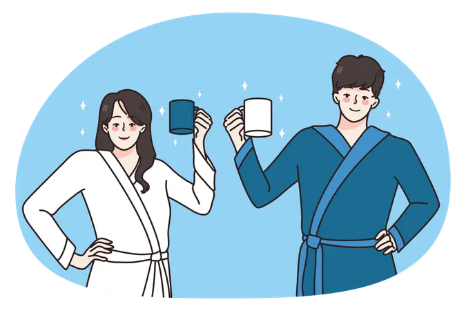 Happy couple in bathrobes with mugs in morning  Illustration