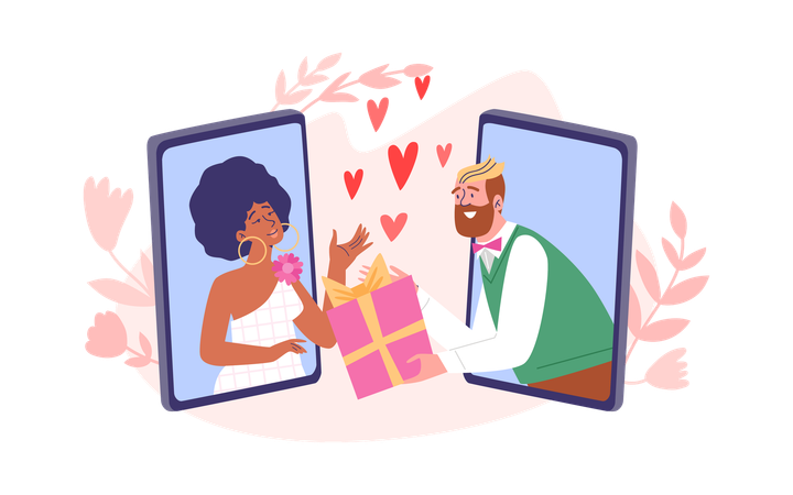 Happy couple in long distance relationship man gives woman gift through the phone  Illustration