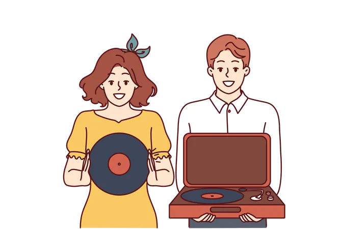 Happy Couple With Turntable And Vinyl Record Invites You To Retro Party With Jazz Music Young Man And Woman Collecting Vintage Vinyl Records With Music From Their Favorite Artists イラスト